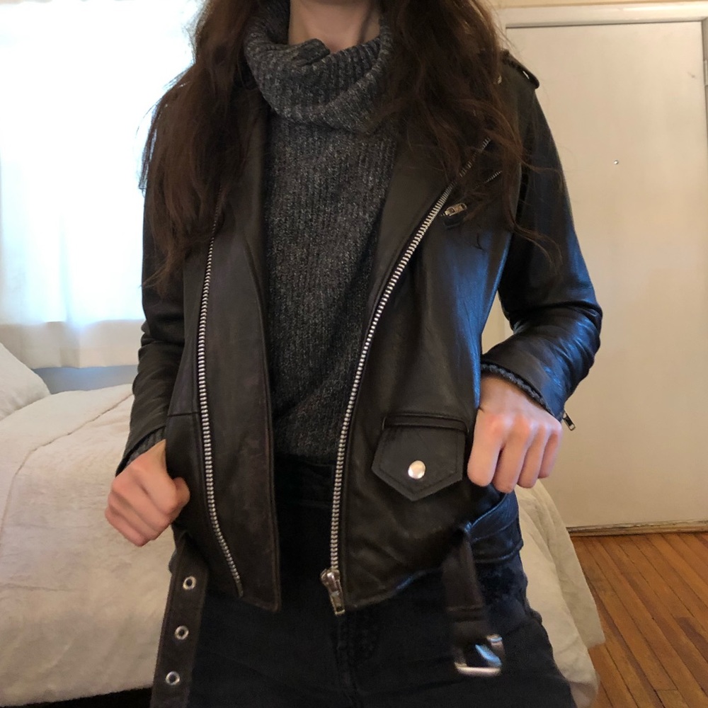 Dark brown reworked leather motor jacket- small